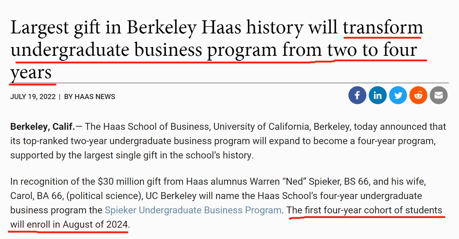 好消息！加州大学伯克利分校Haas商学院将两年制本科项目转为四年制本科项目，高中毕业生可直接申请~